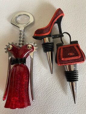 Bar Set With Red Dress Cork Screw And 2 Stoppers. Great For Your She Shed!